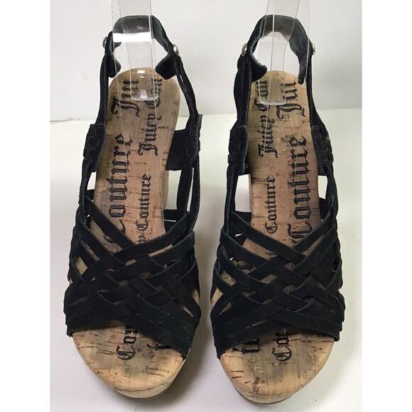 Juicy Couture Women's 6.5 Suede Cork Strappy Black Wedge Sandals Y2K Boho Retro - Picture 3 of 13